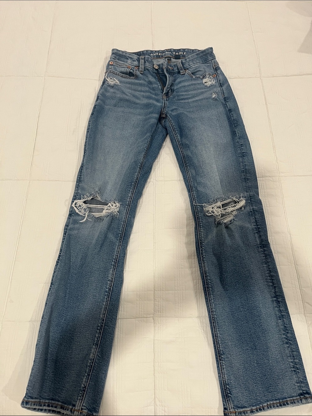 American Eagle Outfitters Distressed Straight-Leg Jeans - Medium Blue